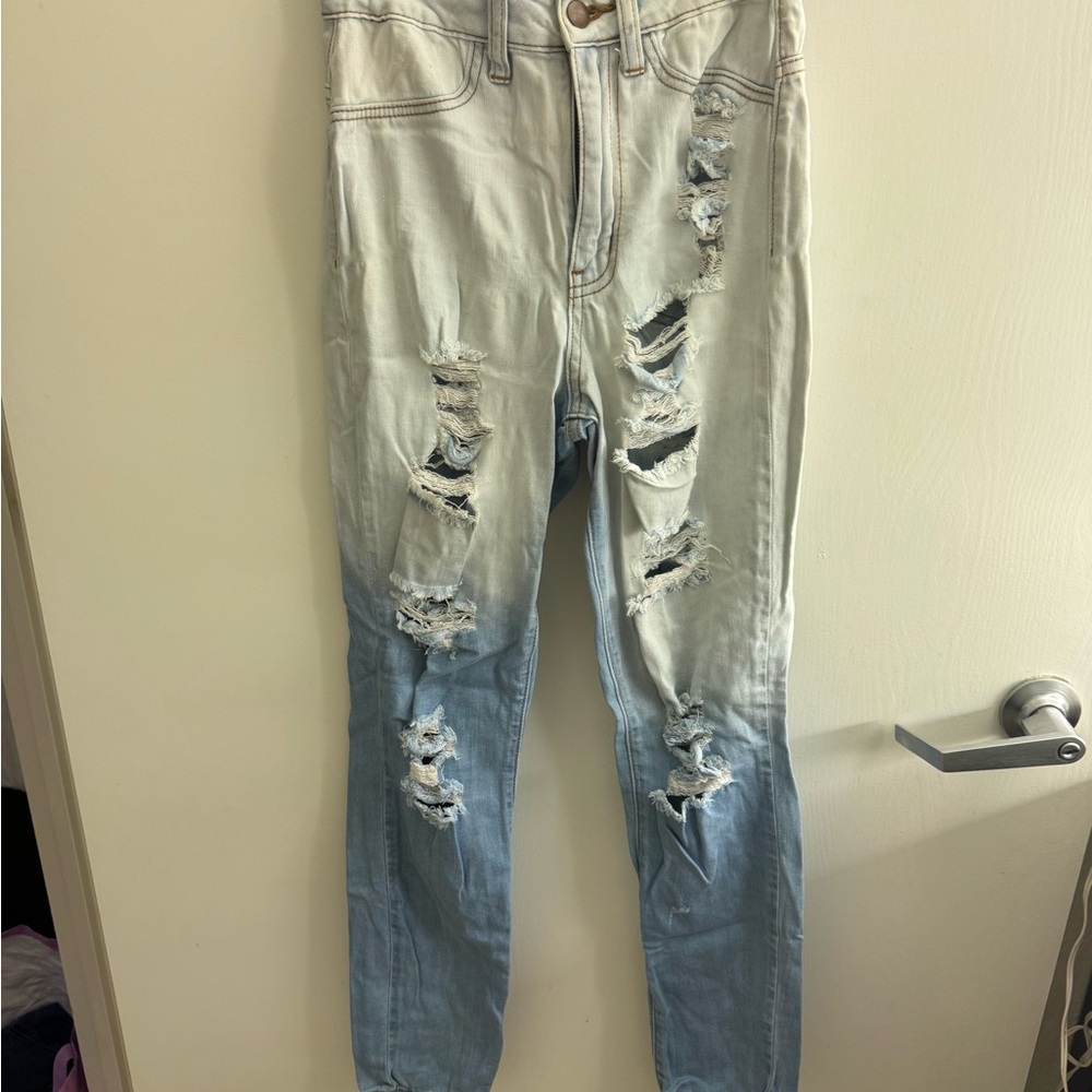 Fashion Nova High Rise Distressed Blue and White Jeans